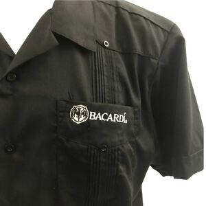 Bacardi Guayabera Shirt Large Black 4 Pocket Embroidered Logo Cotton Blend Sz L